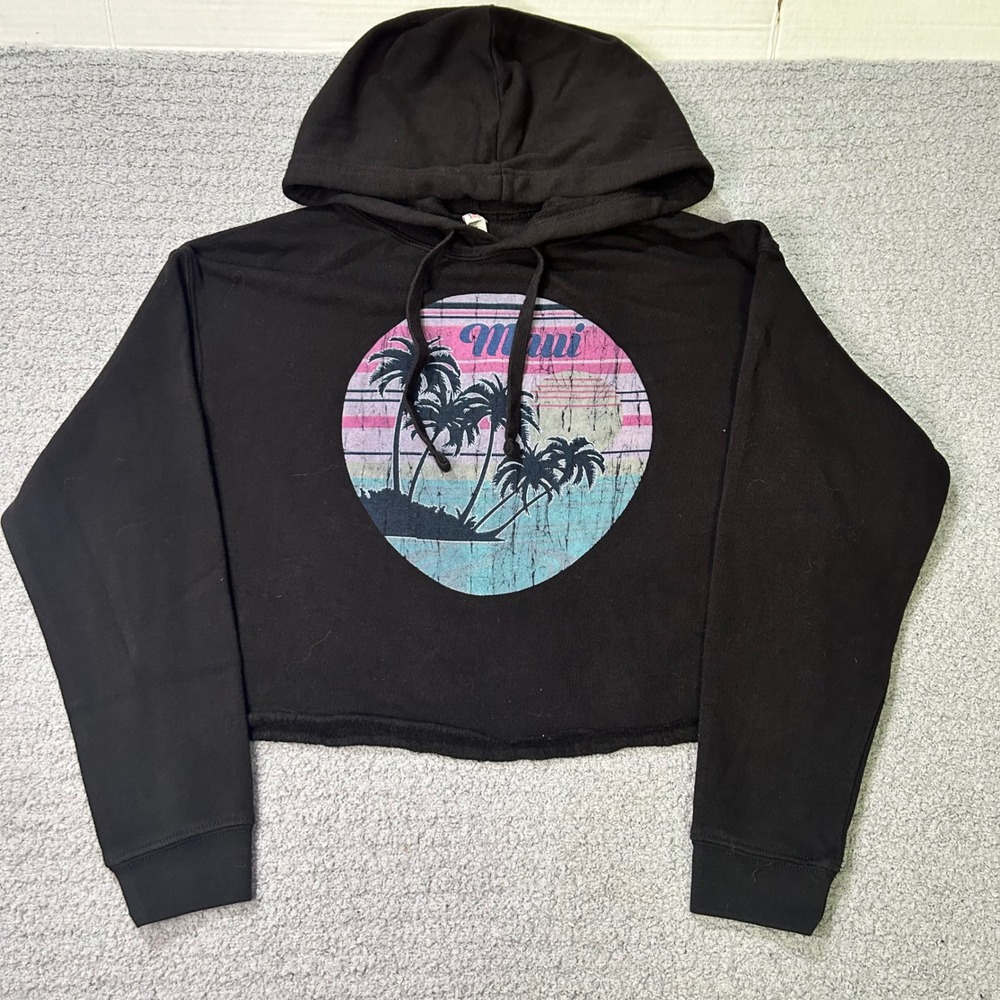 Maui Super Cropped Hoodie Graphic Retro S Black Hawaii Surf Beachy Y2K Oversizd‎